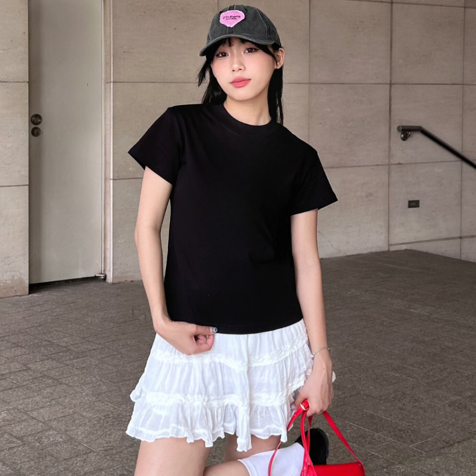 Áo thun baby tee nữ trơn basic ngắn tay cổ bo chun chất cotton mềm thoáng mát thấm hút mồ hôi - BBT