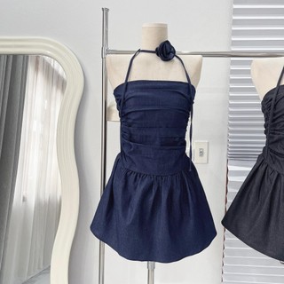 Đầm Jeans Cúp Ngực Dáng Ngắn Phối Nhún Có Bo Chun Màu Đen - Xanh Thiết Kế Trẻ Trung Độc Đáo b03