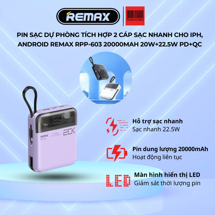 Pin sạc dự phòng tích hợp 2 cáp sạc nhanh cho iPh, Android REMAX RPP ...