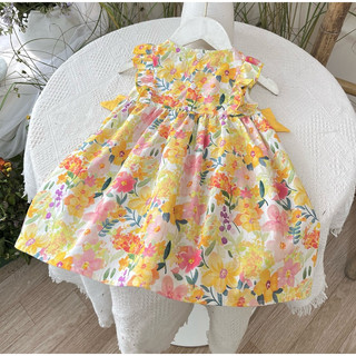Váy Bé Gái Sát Nách Mùa Hè  BUNNY (8-24kg Hồng Vàng Nơ Eo Chất Cotton Dễ Thương Cho Bé Gái N0102