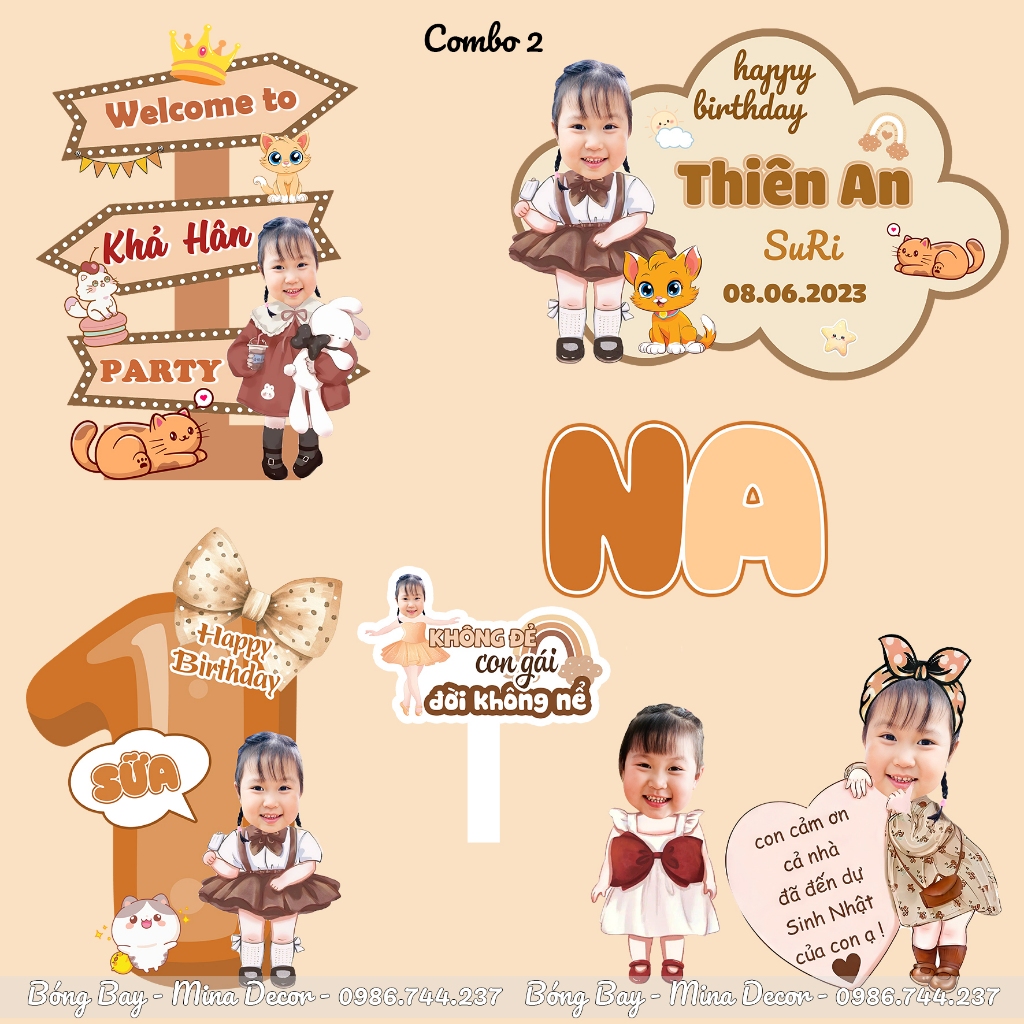 Combo hình bảng tên chibi, welcome sinh nhật, trang trí bàn tiệc cho bé ...