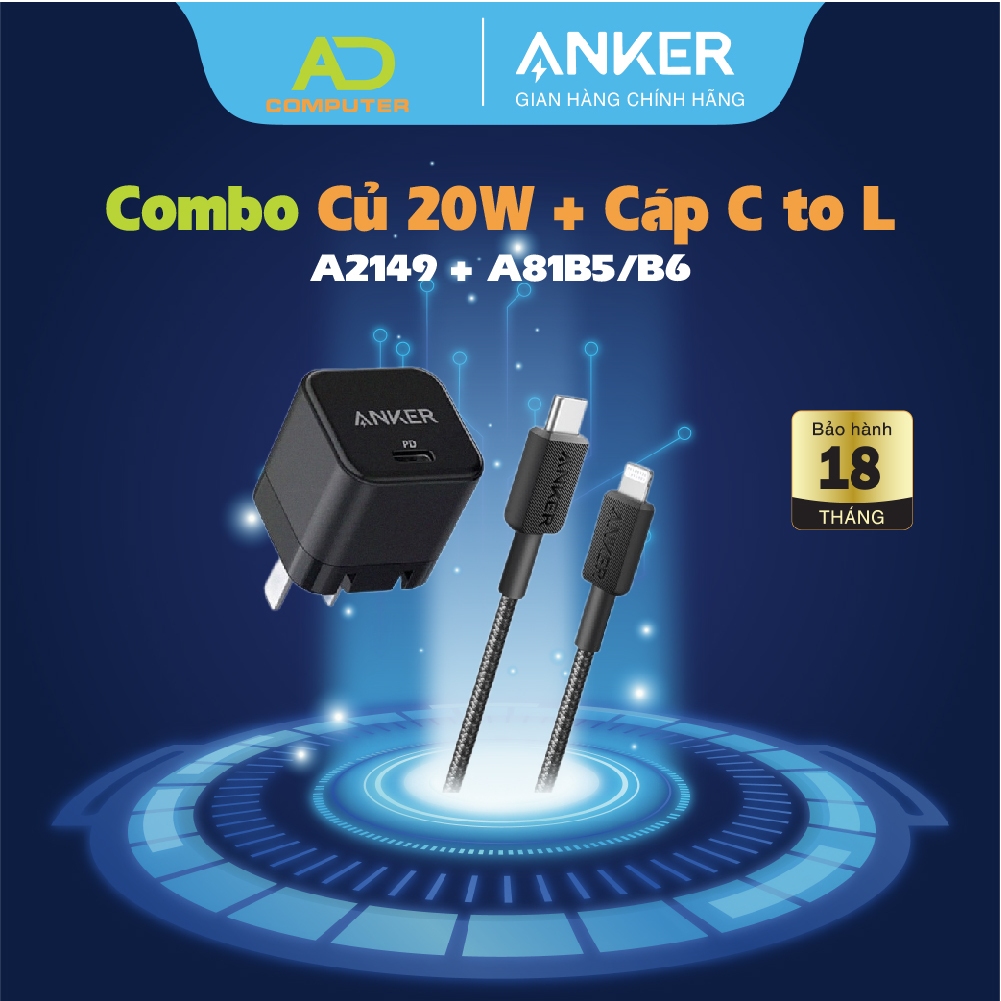 Combo bộ sạc Anker Củ 312 20W 1USB-C A2149 & Cáp 322 CtoL A81B5/A81B6 ...