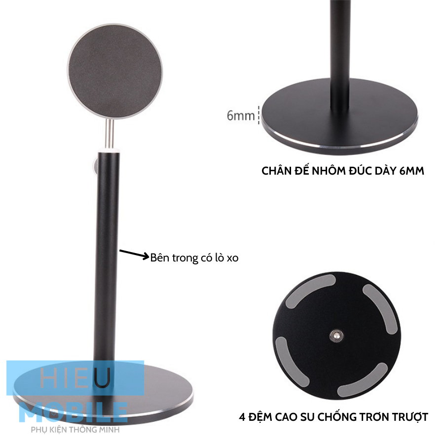 Giá đỡ nam châm gắn điện thoại, tablet để bàn có điều chỉnh độ cao góc nhìn chất liệu nhôm đúc