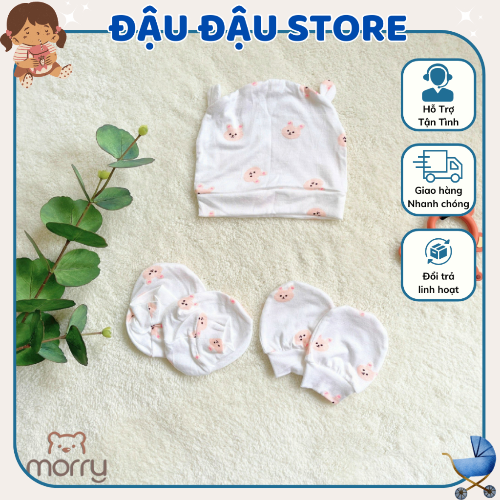 Mũ Bao Tay Bao Chân size 0- 3 tháng Morry Cho Bé - Thun Lạnh mềm mịn, thoáng mát co giãn in họa tiết