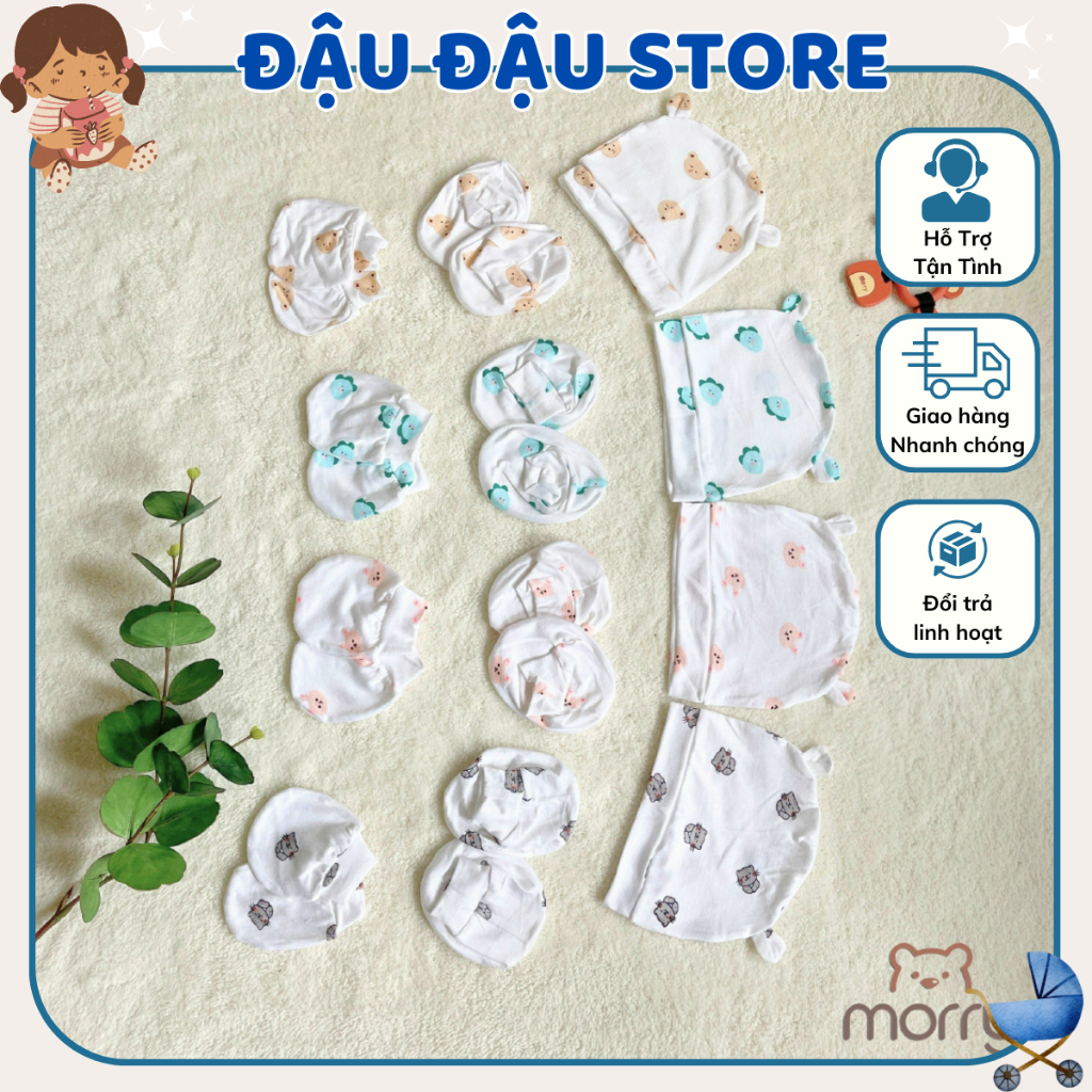 Mũ Bao Tay Bao Chân size 0- 3 tháng Morry Cho Bé - Thun Lạnh mềm mịn, thoáng mát co giãn in họa tiết