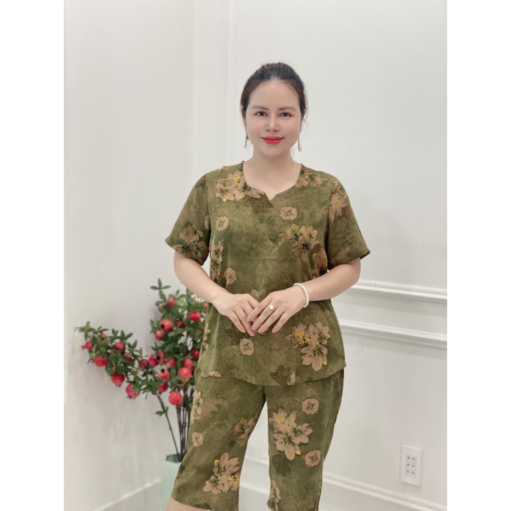 Đồ bộ trung niên áo tay ngắn cổ V,phối quần lửng, lụa mango cao cấp Women ( Cổ V   ) HAN.T SHOP