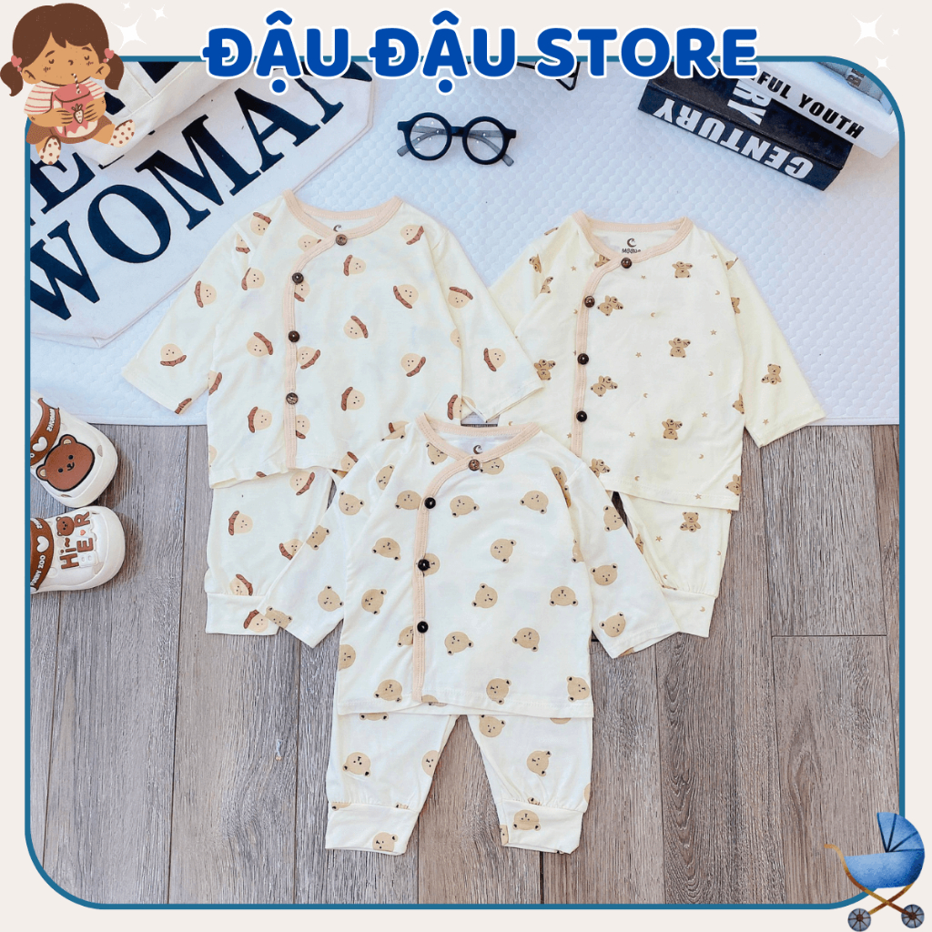 Set 2/3 Bộ quần áo sơ sinh dài tay thun lạnh  cho bé trai gái 3-9 kg màu kem in hoạ tiết dễ thương [DL02]  Đậu Đậu Store