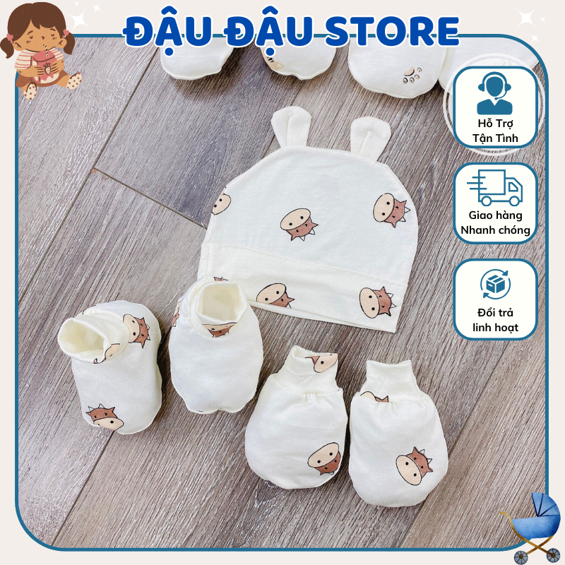 Set Mũ Bao Tay Bao Chân size 0- 3 tháng Trơn Cho Bé - Thun Lạnh mềm mịn, thoáng mát co giãn in họa tiết Đậu Đậu Store