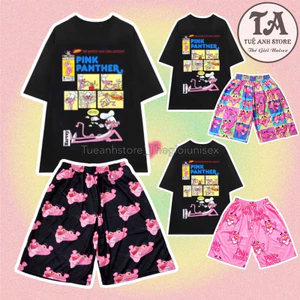 Set bộ đùii Báo Hồng cotton quần áo hoạt hình hoạ tiết đáng yêu - Bộ mặc nhà Cartoon form rộng Unisex nam nữ TUEANHSTORE