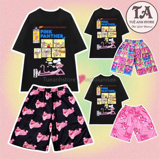 Set bộ đùii Báo Hồng cotton quần áo hoạt hình hoạ tiết đáng yêu - Bộ mặc nhà Cartoon form rộng Unisex nam nữ TUEANHSTORE