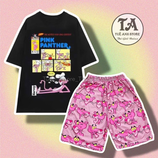 Set bộ đùii Báo Hồng cotton quần áo hoạt hình hoạ tiết đáng yêu - Bộ mặc nhà Cartoon form rộng Unisex nam nữ TUEANHSTORE