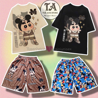 Set bộ đùi Chuột Mickey cotton quần áo hoạt hình hoạ tiết đáng yêu Mặc nhóm Bộ mặc nhà Cartoon form rộng Unisex nam nữ