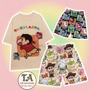 Set bộ đùi Shin cotton quần áo hoạt hình hoạ tiết đáng yêu Mặc nhóm Đi Biển - Bộ mặc nhà Cartoon form rộng Unisex nam nữ