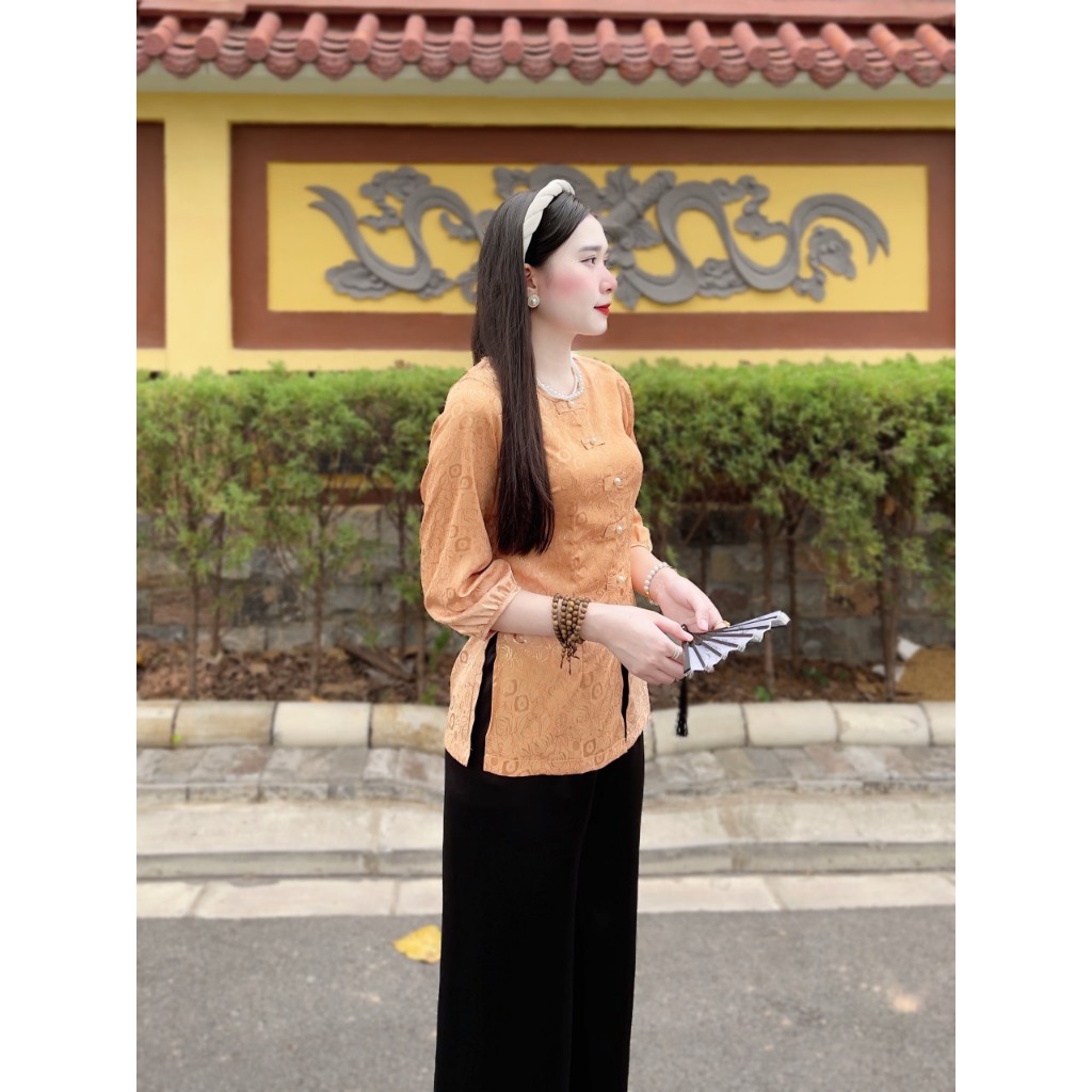 Đồ lam đi chùa nữ bộ pháp phục cổ tròn áo bà ba cách tân cổ tròn vạt đứng mặc đi lễ chùa 4 size S,M,L,XL