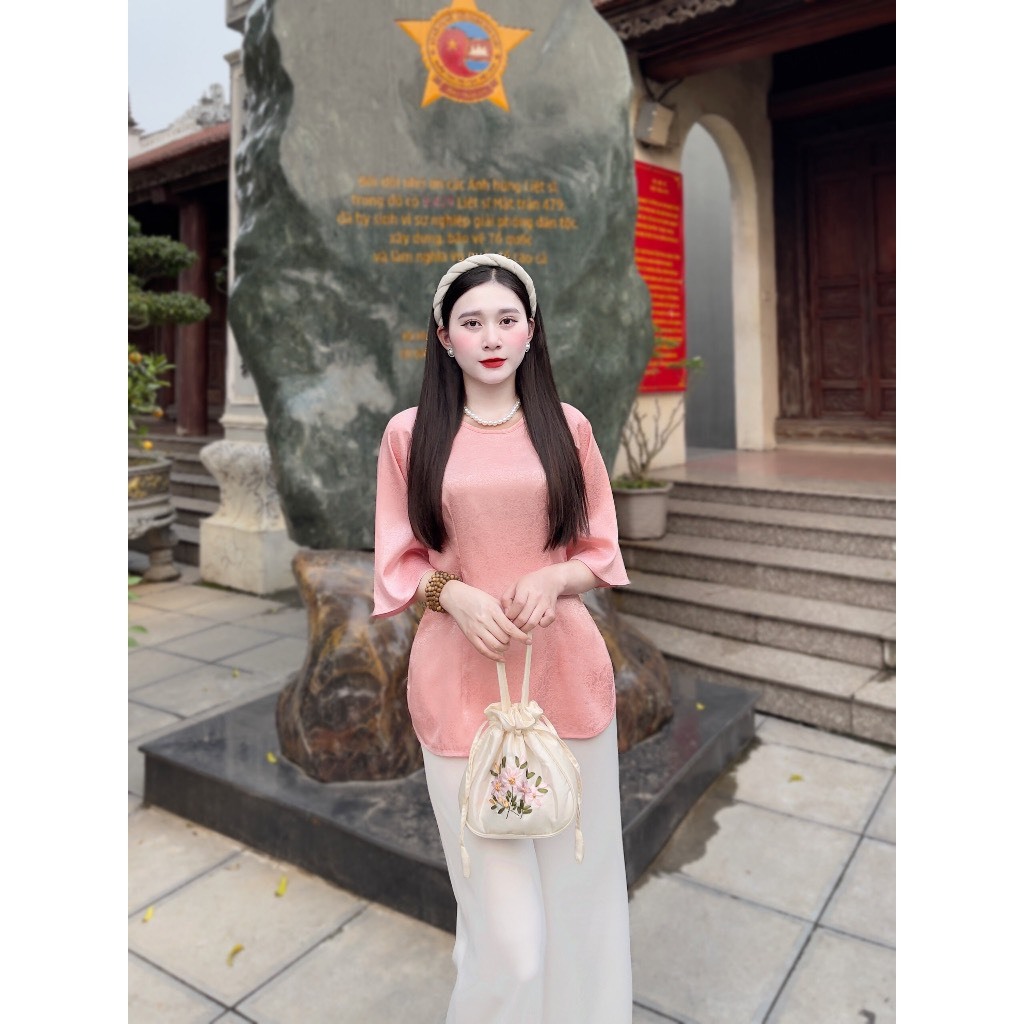 Bộ lam đi chùa cho nữ bộ pháp phục tằm nha xá cổ tròn thêu hoa tiết phù hợp đi chùa đi lễ B36
