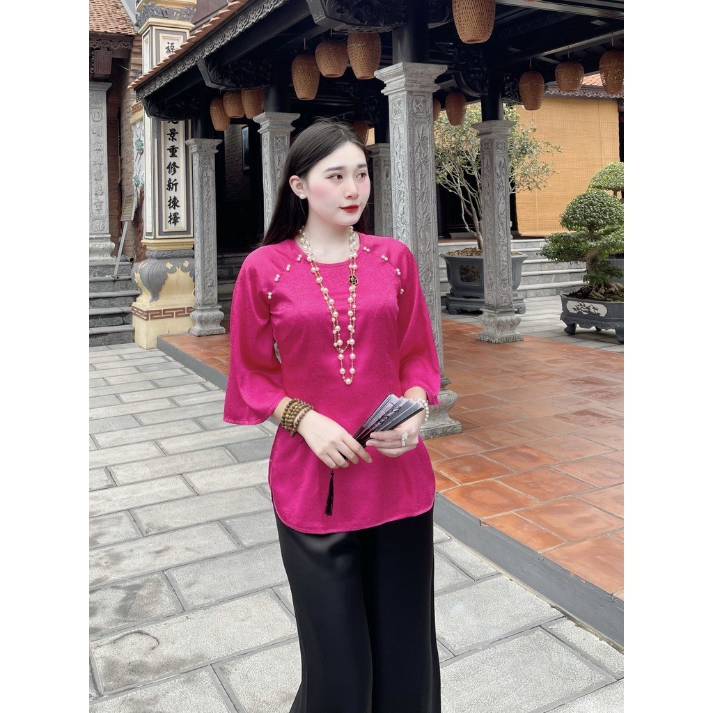 Bộ lam đi chùa cho nữ bộ pháp phục tằm nha xá cổ tròn thêu hoa tiết phù hợp đi chùa đi lễ B36