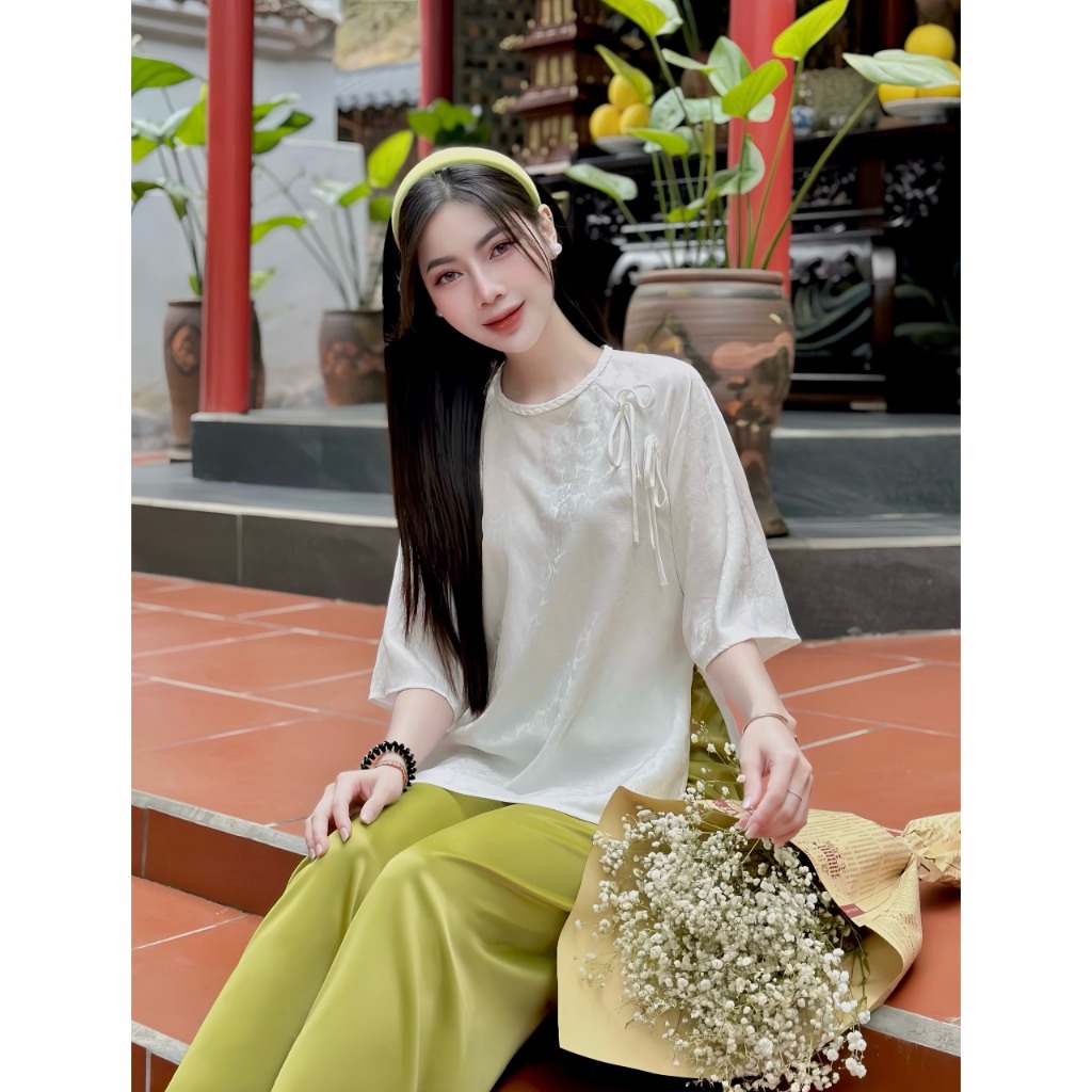 Pháp Phục Đi Chùa Gấm  Nơ Chéo Cúc Ngọc - Mã Áo Lẻ Pháp Phục Tịnh Tâm