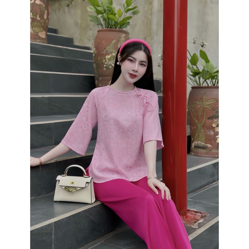 Pháp Phục Đi Chùa Gấm  Nơ Chéo Cúc Ngọc - Mã Áo Lẻ Pháp Phục Tịnh Tâm