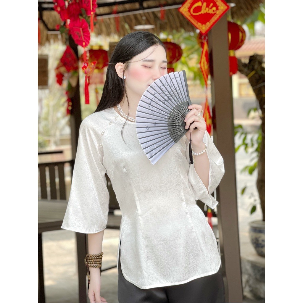 Mã áo lẻ - Đồ lam đi chùa nữ bộ pháp phục cổ tròn vạt xuông mặc đi lễ chùa