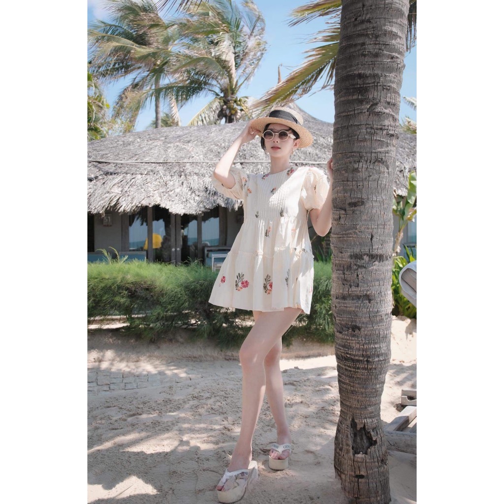 Váy cổ tròn tay cộc dáng babydoll dáng ngắn, Đầm váy tay phồng dáng thụng ngắn phù hợp đi biển đi dạo đi chơi