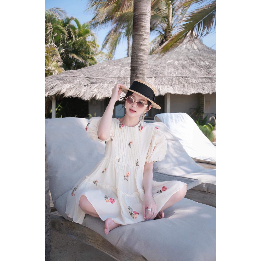 Váy cổ tròn tay cộc dáng babydoll dáng ngắn, Đầm váy tay phồng dáng thụng ngắn phù hợp đi biển đi dạo đi chơi
