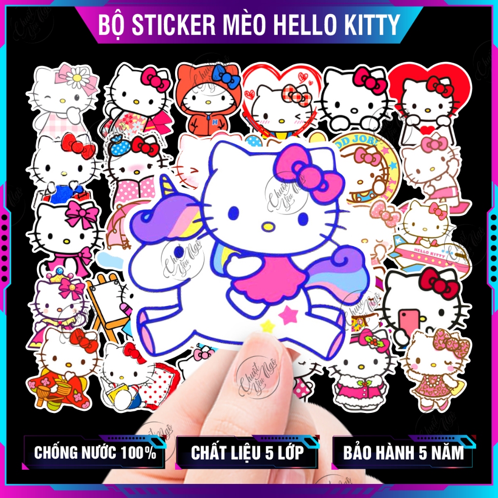 Bộ 100 sticker mèo hello đeo nơ hồng dễ thương trang trí nón bảo hiểm ...