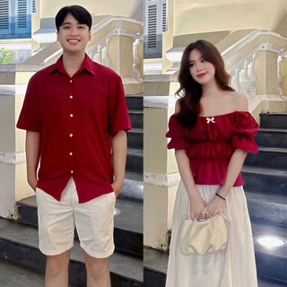 Set đồ đôi nam nữ  tặng người yêu áo sơ mi và trễ vai nơ 3 tầng vài đũi mát đi du lịch [SM1]