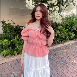 Đồ đôi áo sơ mi và trễ vai nhún nơ 3 tầng hồng pastel nam nữ quà tặng người yêu đũi mát  [SM2]