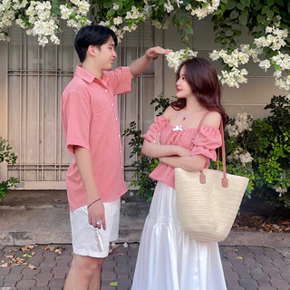 Đồ đôi áo sơ mi và trễ vai nhún nơ 3 tầng hồng pastel nam nữ quà tặng người yêu đũi mát  [SM2]
