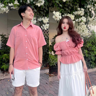 Đồ đôi áo sơ mi và trễ vai nhún nơ 3 tầng hồng pastel nam nữ quà tặng người yêu đũi mát  [SM2]