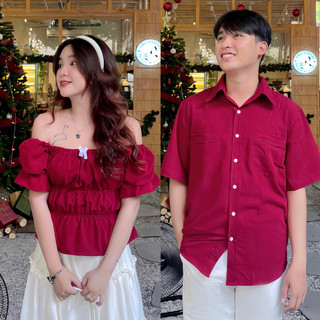 Set đồ đôi nam nữ  tặng người yêu áo sơ mi và trễ vai nơ 3 tầng vài đũi mát đi du lịch [SM1]