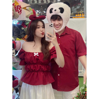 Set đồ đôi nam nữ  tặng người yêu áo sơ mi và trễ vai nơ 3 tầng vài đũi mát đi du lịch [SM1]