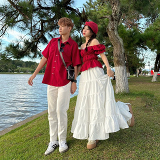 Set đồ đôi nam nữ  tặng người yêu áo sơ mi và trễ vai nơ 3 tầng vài đũi mát đi du lịch [SM1]