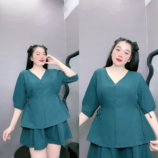 Set đồ thời trang bigsize nữ gồm áo sơ mi tay bồng dáng baby doll có dây nơ kèm quần đùi phong cách đơn giãn SET59