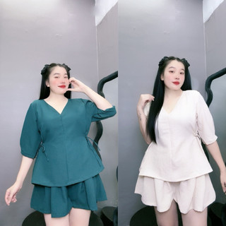 Set đồ thời trang bigsize nữ gồm áo sơ mi tay bồng dáng baby doll có dây nơ kèm quần đùi phong cách đơn giãn SET59