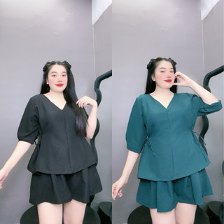 Set đồ thời trang bigsize nữ gồm áo sơ mi tay bồng dáng baby doll có dây nơ kèm quần đùi phong cách đơn giãn SET59