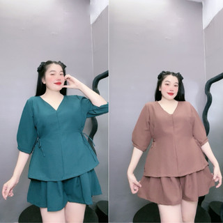 Set đồ thời trang bigsize nữ gồm áo sơ mi tay bồng dáng baby doll có dây nơ kèm quần đùi phong cách đơn giãn SET59