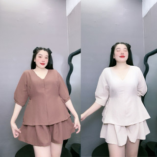 Set đồ thời trang bigsize nữ gồm áo sơ mi tay bồng dáng baby doll có dây nơ kèm quần đùi phong cách đơn giãn SET59