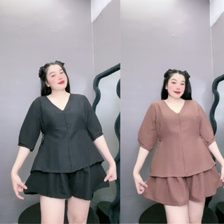 Set đồ thời trang bigsize nữ gồm áo sơ mi tay bồng dáng baby doll có dây nơ kèm quần đùi phong cách đơn giãn SET59