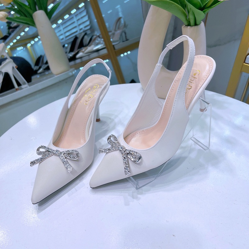 Giày cao gót 9cm mũi nhọn đính nơ chất tuyết nhung Chị Đẹp Store