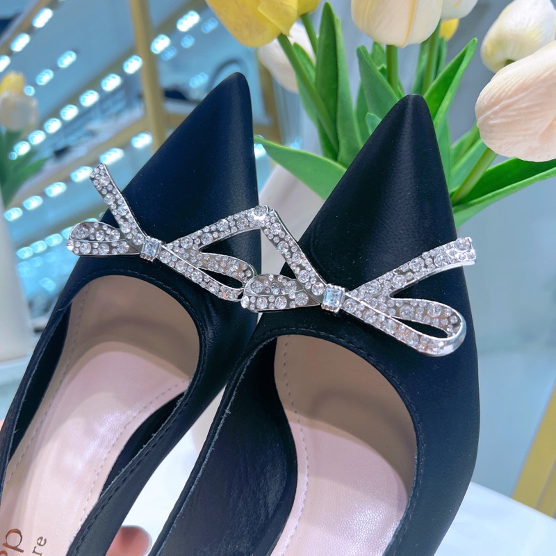 Giày cao gót 9cm mũi nhọn đính nơ chất tuyết nhung Chị Đẹp Store