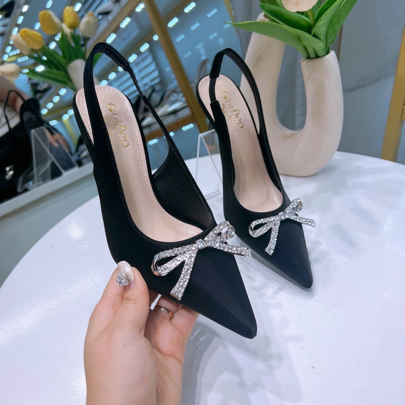 Giày cao gót 9cm mũi nhọn đính nơ chất tuyết nhung Chị Đẹp Store