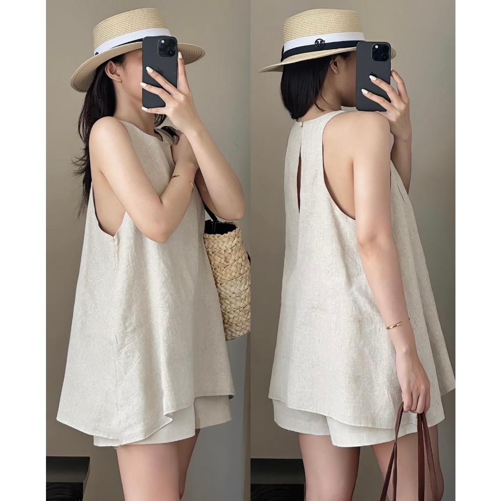 Áo linen 3 lỗ sát nách xẻ lưng siêu xinh thích hợp các nàng dịp hè - Lauratop