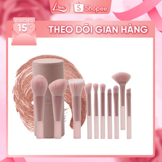 Bộ cọ trang điểm cá nhân mini SURI màu Hồng nude gồm 10 cọ kèm theo túi da và ống cắm