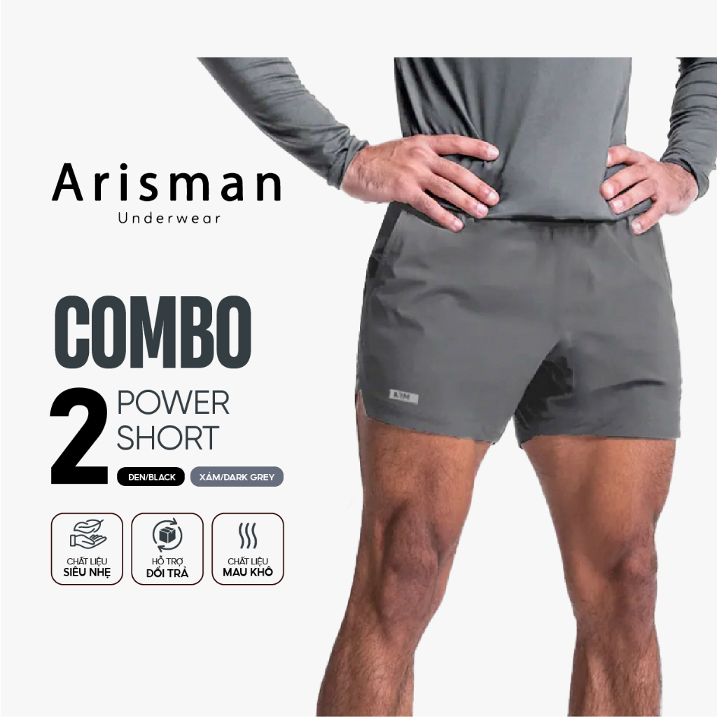 Quần Thể Thao Nam ARM Cạp Chun, Combo 2 Quần Power Short Tập Gym, Chạy Bộ Thoải Mái