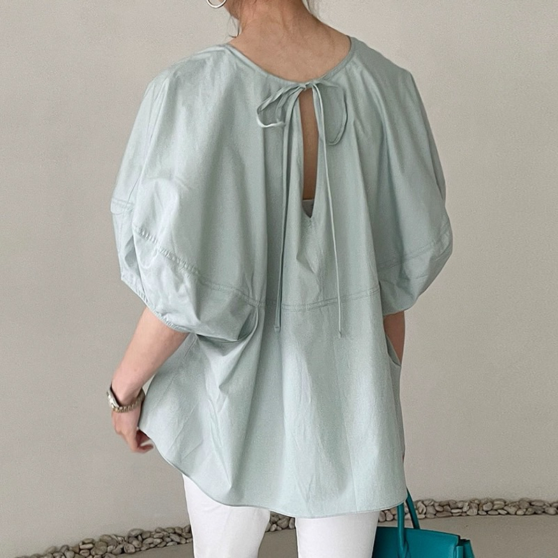 Áo Hàn Quốc sang trọng mùa hè khí chất đơn giản cổ tròn buộc dây phía trước hoặc phía sau áo sơ mi dáng rộng tay bồnga