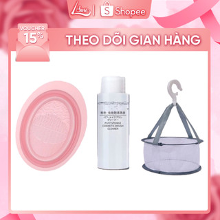 Bộ ba dụng cụ giặt cọ trang điểm và mút trang điểm SURI gồm thảm giặt, dung dịch giặt và lưới phơi