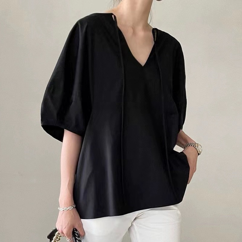 Áo Hàn Quốc sang trọng mùa hè khí chất đơn giản cổ tròn buộc dây phía trước hoặc phía sau áo sơ mi dáng rộng tay bồnga