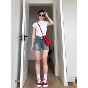 Plus size hot girl Mỹ quần short denim ôm mùa hè mỡ mm cao cấp co giãn dáng rộng giảm béo đa năng chữ A hot quần