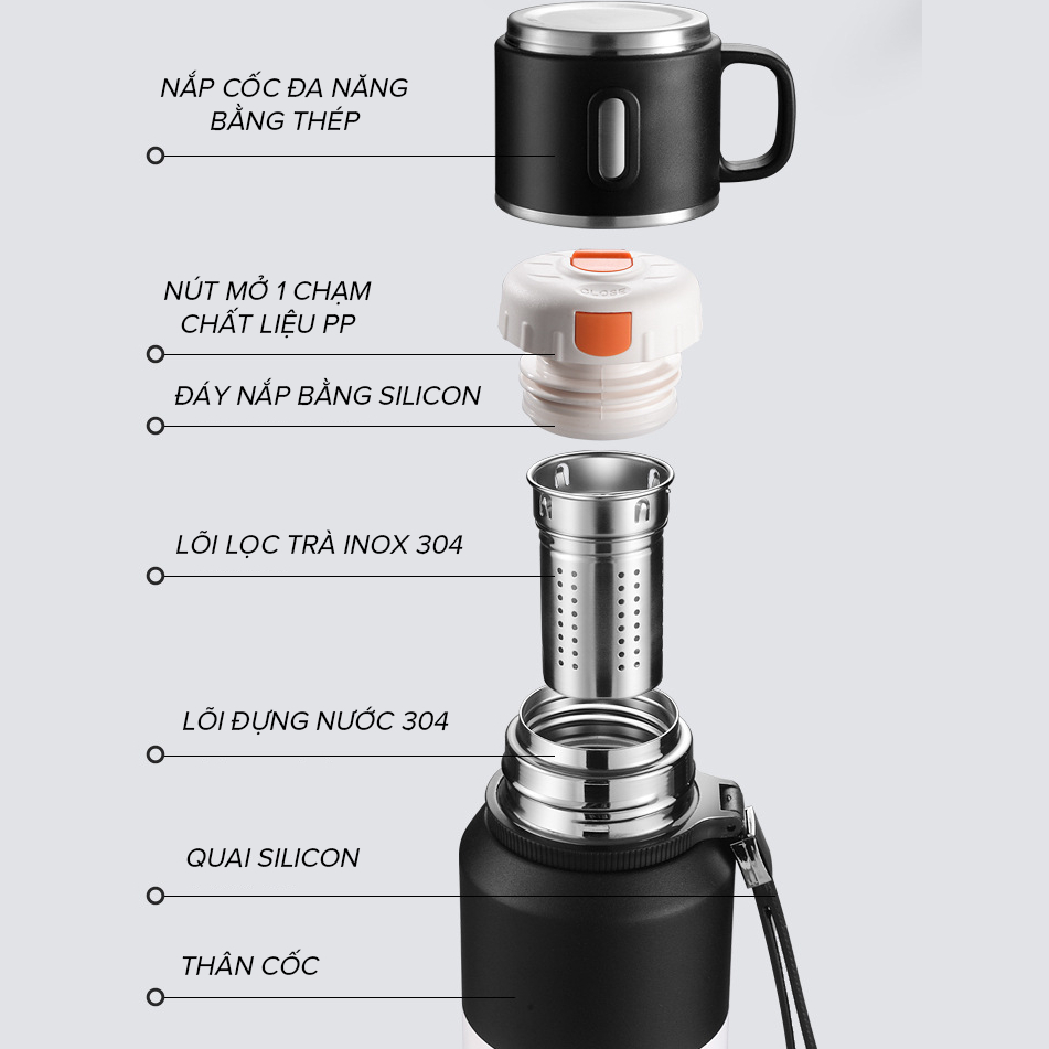 Ảnh Bình Giữ Nhiệt Maxcare 800ml Inox 316 cao cấp Giữ Nhiệt 6-10 Giờ Có Cốc Đựng Trà, Lõi Lọc, Quai Đeo Silicon 2